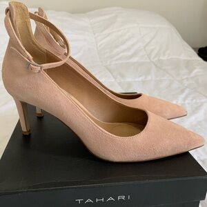 Tahari Blush Pink Suede Ankle-Strap Pointed-Toe Heels